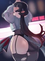 1girls :q ass black_hair blue_eyes chikkibug dat_ass female female_only hi_res jacket jane_doe_(zenless_zone_zero) long_hair looking_at_viewer looking_back looking_back_at_viewer mouse_ears mouse_girl narrowed_eyes pointy_tail rear_view red_highlights smiling smiling_at_viewer solo stockings tail thick_ass thick_thighs tied_hair torn_stockings voluptuous zenless_zone_zero