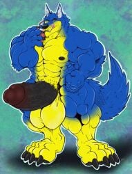 abs balls black_boner blue_and_yellow_fur boner breasts green_eyes hoozuki milk_shake muscles muscular_furry pecs penis vanity wolf