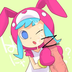 1boy 1girls ? animal_costume animal_ears animal_hands animal_hood bemani blue_eyes blue_hair bunny_costume bunny_ears bunny_hood censored censored_penis cum cum_on_hair dress facial fake_animal_ears female gloves holding_penis hood hood_up japanese_text konami male minit's one_eye_closed paw_gloves penis pop'n_music text translation_request white_dress