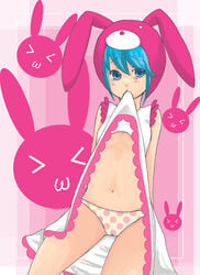 >_< 1girls animal_costume animal_ears animal_hands animal_hood bemani blue_eyes blue_hair bunny_costume bunny_ears bunny_hood dress dress_lift fake_animal_ears female hood hood_up konami minit's panties pop'n_music solo tagme white_dress