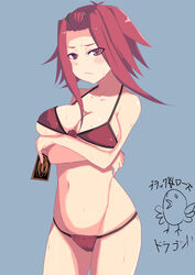 akiza_izinski breast_hold breasts brown_eyes cleavage crossed_arms female female_only holding_card human izayoi_aki johnny_funamushi midriff navel red_hair short_hair solo swimsuit underboob yu-gi-oh! yu-gi-oh!_5d's