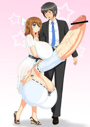 1futa ball_bra balls big_breasts bimbo blue_eyes blush bra breasts bride brown_hair busty censored censored_penis cleavage cock_sleeve cock_sleeve_(clothes) dickgirl dress futanari gigantic_penis gigantic_testicles groom hair hyper hyper_balls hyper_breasts hyper_penis hyper_testicles intersex kinoko male penis penis_garter pointless_censoring sandals testicle_bra testicles veiny veiny_penis voluptuous wedding wedding_dress white_dress