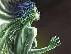 1girls 2d absolutely_nothing_on ai_girl android android_girl artificial_intelligence back_view breasts cables glowing_veins green_skin looking_at_viewer looking_back open_mouth shodan sideboob system_shock very_long_hair