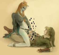 blush handjob link link_(twilight_princess) midna nintendo orange_hair straight straight_hair the_legend_of_zelda tied_hair twili twili_midna twilight_princess