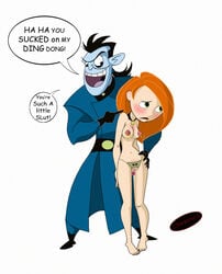 1boy 1girls darkstar disney dr._drakken english_text female human humiliation kim_possible kimberly_ann_possible male medium_breasts nipples pussy straight straight_hair text