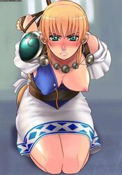 angry artist_request blonde_hair blush bondage breasts clothes female female_only green_eyes human kneeling long_hair milf one_breast_out open_clothes open_shirt rope solo sophitia_alexandra soul_calibur tied