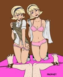 1boy 2girls blonde_hair dean_venture drew_quymn female femdom fucked_together human male malesub multiple_girls nancy_quymn prophet seductive sisters teenager threesome twin_sisters twins undressing venture_brothers