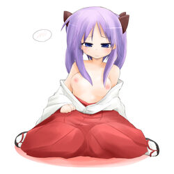 bare_shoulders blue_eyes blush breasts collarbone dama embarrassed hair_ribbon hakama japanese_clothes kagami_hiiragi long_hair lucky_star miko nipples purple_hair ribbon sandals sitting smile tied_hair topless tsurime twintails wariza