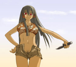 brown_hair clothing dark-skinned_female dark_skin kasuga_yukihito knife mahou_sensei_negima! medium_breasts pubic_hair red_eyes shorts tagme tatsumiya_mana