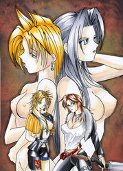 4girls blonde_hair blue_eyes breasts brown_hair cleavage clothes cloud_strife cloudette_strife color female female_only final_fantasy final_fantasy_vii final_fantasy_viii final_fantasy_x genderswap human multiple_females multiple_girls nipples nude rule_63 sephimom sephiroth silver_hair sofia-roth squall_leonhart straight_hair sword thunder_head tidus voluptuous weapon