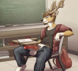 antlers ataraxia balls big_penis black_nose brown_hair cervine classroom clothed clothing deer erection facial_hair hair horn looking_at_viewer male male_only penis smile solo uncut vein