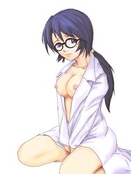 1girls arakawa blue_eyes blue_hair breasts cosplay elfen_lied female glasses kneeling labcoat long_hair no_bra open_clothes open_shirt ponytail shirt solo tied_hair