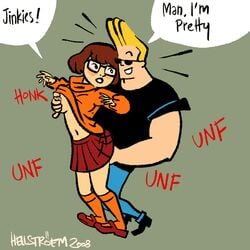 1boy 1girls 2008 areolae biceps blonde_hair blush blush_stickers bob_cut breast_fondling breast_grab breast_squeeze breasts breasts_out brown_hair cartoon_network clothed crossover dated dialogue english_text exposed_breasts female glasses hand_under_clothes hanna-barbera hellstroem human jinkies! johnny_bravo johnny_bravo_(series) kneehighs light-skinned_female light-skinned_male light_skin looking_back male muscles navel nipple_tweak nipples one_breast_out open_mouth pleated_skirt pompadour scooby-doo shirt_lift shirt_up short_hair signature simple_background skirt skirt_lift smile speech_bubble straight sunglasses surprised sweater velma_dinkley