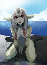 1girls artist_request blue_submarine_no._6 breasts female grey_hair humanoid kneeling large_breasts long_hair looking_at_viewer marine mutio open_mouth pointy_ears solo spread_legs wide_hips yellow_skin