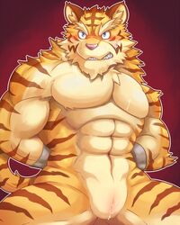 abs anthro blush cuntboy cuntboy_only feline intersex kneeling mammal muscular muscular_cuntboy muscular_intersex pecs pussy solo sweat tiger urakata5x