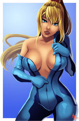 2014 blonde_hair blue_eyes bodysuit breasts female female_only head_tilt highres human human_only lips lipstick long_hair looking_at_viewer metroid nintendo off_shoulder open_clothes parsujera parted_lips ponytail samus_aran smile solo standing tied_hair tight_clothing undressing unzipped_zero_suit zero_suit zero_suit_samus