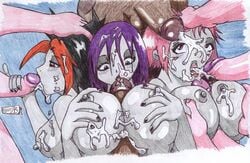 3girls argent_(dc) breasts dc_comics demon demon_girl female happy-k jinx_(dc) male multiple_boys multiple_girls outercourse paizuri partial_male penis rachel_roth raven_(dc) straight_hair teen_titans toni_monetti