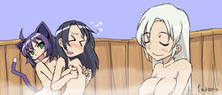 >_< age_difference animal_ear bath black_hair blush breast_grab breasts chika_midarezaki cleavage closed_eyes female flat_chest green_eyes hot_spring kyouka_midarezaki kyouran_kazoku_nikki large_breasts midarezaki_chika midarezaki_kyouka midarezaki_yuuka mother_and_daughter multiple_girls onsen open_mouth purple_hair siblings sisters smile tail taramo white_hair yuri yuuka_midarezaki