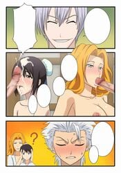 2boys 2girls ? anger_vein black_hair bleach blush breasts censored cleavage clenched_teeth closed_eyes comic cum cum_in_mouth cum_on_hair cum_on_tongue cumdrip ejaculation facial fellatio female grin hair_bun highres hinamori_momo ichimaru_gin kh-fullhouse long_hair male matsumoto_rangiku multiple_boys multiple_girls nipples oral orange_hair penis smile sweat sweatdrop tear toshiro_hitsugaya white_hair