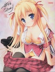 blonde_hair blue_eyes bra breasts cleavage eyes hanairo_heptagram moekibara_fumitake nipple_slip nipples open_clothes panties