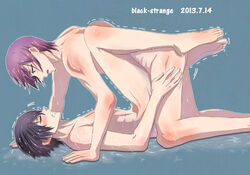 2boys all_fours barefoot black-strange black_hair black_hair_bottom blue_background blush clenched_teeth closed_eyes couple dated domination duo feet free! from_side gay hair_between_eyes leg_grab light_hair_on_dark_hair looking_at_another lying male missionary moaning multiple_boys nanase_haruka_(free!) neck nude on_back open_mouth passionate purple_hair purple_hair_on_black_hair purple_hair_top rin_matsuoka romantic sex short_hair simple_background tears trembling wet wet_hair yaoi