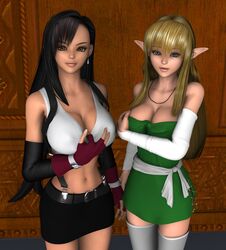 2girls 3d black_hair blonde_hair breasts dress elf female female_only final_fantasy final_fantasy_vii highres human large_breasts long_hair looking_at_viewer multiple_females multiple_girls pointy_ears side-by-side square_enix standing strapless strapless_dress tagme tifa_lockhart white_tank_top zafo