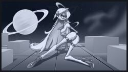 16:9 big_eyes black_border bodily_fluids border breasts clothing cosmic_being digital_media_(artwork) eyelashes female footwear genital_fluids genitals hair hi_res high_heels humanoid legwear looking_at_viewer nipples not_furry nude planet shoes smile solo space star starlane_stroll stockings vulva warlocke widescreen