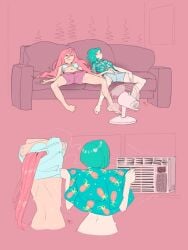 2girls air_conditioner exposed_breasts hawaiian_shirt heat pineapple summer sweat sweating yuri