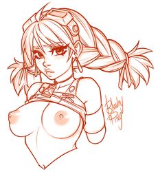 aika_(skies_of_arcadia) areolae armband bangs big_lips blush blushypixy braid breasts bust clothing collarbone earrings eyewear female female_only goggles goggles_on_head human large_breasts long_hair looking_at_viewer monochrome navel necklace nipples parted_lips puffy_nipples sega shirt shirt_lift signature simple_background skies_of_arcadia solo tank_top tied_hair twin_braids twintails upper_body white_background