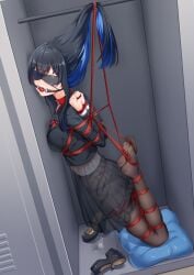 absurdres arms_behind_back ball_gag black_hair black_pantyhose blazer blindfold blue_eyes blue_hair bondage bondage bondage bound bound_legs bound_thumbs breast_bondage breasts collared_shirt commentary_request egg_vibrator female full_body gag gagged hair_bondage highres hogtie in_locker jacket locker long_hair looking_at_viewer medium_breasts multicolored_hair original pantyhose pleated_skirt pussy_juice restrained reverse_prayer saliva_drip sex_toy shibari_over_clothes shirt shoes skindentation skirt solo suspension t_zhonglang very_long_hair vibrator white_shirt x-ray