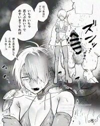 2boys bikini blush bulge crossdressing cute_fang elbow_gloves embarrassed femboy femboy_dilf forced_feminization gay gegege_no_kitarou hair_over_one_eye high_heel_boots kitarou_tanjou_gegege_no_nazo licking male male_only medama_oyaji_(human) monochrome platform_boots platform_heels size_difference solo_focus thigh_boots thighhighs tongue_out turbine_tree yaoi youkai