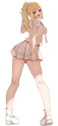 1girls blonde_hair boots embarrassed green_eyes high_ponytail highres lillie_(pokemon) miniskirt momdy_(talesshinja) nintendo pokemon pokemon_sm ponytail skirt solo white_boots