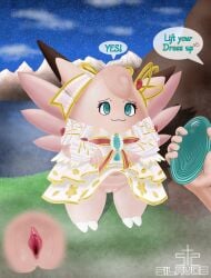 ambiguous_gender anthro blue_eyes clefable clitoris clothed clothing clothing_lift dialogue dress dress_lift duo elegant_style_clefable female generation_1_pokemon genitals grass heart_symbol hi_res holowear_(pokemon) hypnosis hypnotic_clothing hypnotic_device hypnotic_eyes imminent_sex looking_at_viewer mind_control mountain navel night nintendo pink_body plant pokemon pokemon_(species) pokemon_unite rock sea silavos smile smiling_at_viewer speech_bubble standing tail vulva water watermark wings