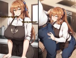 1boy 1girls ai_generated apron big_breasts blowjob breasts brown_hair cum cum_in_mouth fellatio female female_focus fully_clothed girls'_frontline green_eyes huge_breasts kitchen large_breasts looking_at_partner looking_pleasured springfield_(girls'_frontline)