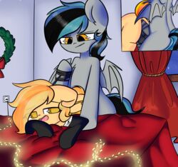 ass balls bed blush christmas clothed clothing collar duo erection fan_character friendship_is_magic girly grey_(oc) hi_res holidays leash legwear male my_little_pony open_mouth penetration penis pone pudding_(oc) sex smile socks standing stockings theiftea thigh_highs yaoi