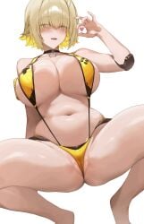 absurdres areola_slip bare_shoulders blonde_hair blush breasts elegg_(boom_and_shock)_(nikke) elegg_(nikke) eyes_visible_through_hair female gif goddess_of_victory:_nikke hair_intakes hair_over_eyes hand_up heart highres huge_breasts looking_at_viewer navel official_alternate_costume one-piece_swimsuit open_mouth partially_visible_vulva samart sideboob simple_background slingshot_swimsuit smile solo squatting stomach swimsuit thighs tongue white_background yellow_one-piece_swimsuit