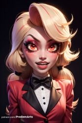 1girls ai_generated artist_name black_background black_bow black_bowtie blazer blonde_hair bow bowtie breasts charlie_morningstar_(hazbin_hotel) eyelashes freckles hazbin_hotel hi_res jacket long_hair looking_at_viewer low_twintails makeup multicolored_hair open_mouth progenarts red_eyes red_jacket red_suit school_uniform sharp_teeth shirt simple_background smile solo streaked_hair teeth twintails upper_body web_address white_shirt