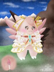after_sex anthro blush bodily_fluids brown_eyes clefable clitoris clothed clothing clothing_lift cum cum_drip cum_in_vagina cum_inside dress dress_lift dripping elegant_style_clefable female generation_1_pokemon genital_fluids genitals grass hi_res holowear_(pokemon) leaking_cum looking_at_viewer mountain navel night nintendo orgasm pink_body plant pokemon pokemon_(species) pokemon_unite sea silavos smile smiling_at_viewer solo standing tail vaginal_fluids vulva water watermark wings