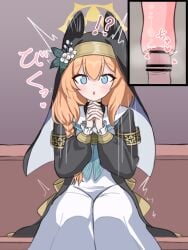 !? :o ^^^ absurdres aoshiroon armband artificial_vagina asymmetrical_hair bar_censor black_coat blue_archive blue_eyes blue_neckerchief blush braid censored coat commentary_request disembodied_penis dress erection female flower halo hands_up heart highres interlocked_fingers just_the_tip long_dress long_hair long_sleeves looking_at_viewer male_masturbation mari_(blue_archive) masturbation motion_lines neckerchief nun open_mouth orange_hair own_hands_together penis sex_toy shared_sense sidelocks single_braid sitting solo_focus straight-on surprised translation_request trembling veil white_dress white_flower wide-eyed yellow_halo