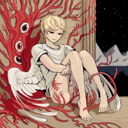 1:1 5_fingers 5_toes angel angel_humanoid balls biped blonde_hair bodily_fluids bottomless bottomless_humanoid bottomless_male clothed clothing feathered_wings feathers feet fingers foreskin genital_fluids genitals hair hi_res humanoid humanoid_genitalia humanoid_penis male not_furry penis precum shirt shirt_only sinnykitt toes topwear topwear_only uncircumcised white_body white_clothing white_feathers white_shirt white_topwear winged_humanoid wings