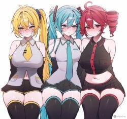 3girls ahoge akita_neru antenna_hair aqua_eyes aqua_hair aqua_necktie artist_name bare_shoulders black_shirt black_skirt black_sleeves black_thighhighs blonde_hair blush breasts closed_mouth cropped_shirt crossed_bangs detached_sleeves drill_hair female grey_shirt hair_between_eyes hatsune_miku highres kasane_teto large_breasts long_hair midriff miyuchiq multiple_girls navel necktie red_eyes red_hair shirt short_necktie side_ponytail simple_background sitting skindentation skirt sleeveless sleeveless_shirt small_breasts stomach sweat thighhighs thighs tie_clip triple_baka_(vocaloid) twin_drills twintails twitter_username utau very_long_hair vocaloid white_background yellow_eyes yellow_necktie