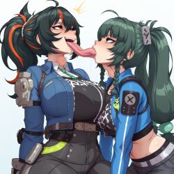 2girls ai_generated ai_slop black_hair breasts deep_kissing extreme_french_kiss female female/female female_only french_kiss green_hair hair_ornament hoyoverse kissing kordyx large_breasts long_hair long_tongue looking_up multicolored_hair multiple_girls neck_bulge open_mouth ponytail qingyi_(zenless_zone_zero) saliva saliva_on_tongue saliva_trail sloppy_kiss thighs tongue tongue_out two-tone_hair wide_hips zenless_zone_zero zhu_yuan
