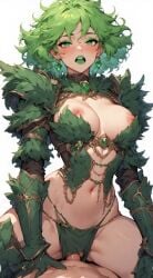 ai_generated armored_female cowgirl_position green_hair leaves oc oc_(green) partially_clothed short_hair