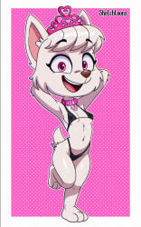 anthro bikini body_fur breasts canid canine canine_tail canis clothed clothing collar crown domestic_dog female fur gradient_background hair headgear open_mouth paw_patrol pink_eyes simple_background solo solo_female stresstoon sweetie_(paw_patrol) swimwear tail tiara two_piece_swimsuit west_highland_white_terrier white_fur white_hair
