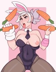battle_bunny_riven big_breasts breasts breasts_out bunny_ears bunnysuit carrots female league_of_legends partially_clothed riven splashbrush squatting thick_thighs tongue_out