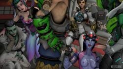 2boys 3d 4girls alternate_costume areolae breasts bride_sombra brown_hair cum_on_breasts cum_on_face cumshot genji green_hair green_skin hand_on_crotch handjob junkrat mercy nipples overwatch partially_clothed penis posh_tracer purple_hair purple_skin scarecrow_junkrat sentai_genji sombra sugar_plum_fairy_mercy tattoo tracer voyeur voyeurism weebstank widowmaker