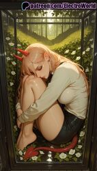 1girls 2025 ai_generated artist_name blonde_hair chainsaw_man closed_eyes electroworld female flower hi_res high_quality high_resolution highres horns hugging_own_legs leaf long_hair patreon patreon_username plant power_(chainsaw_man) solo stable_diffusion vines watermark white_flower