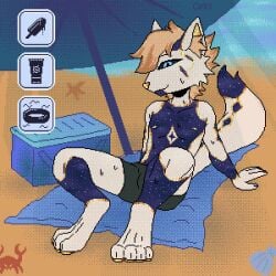 1:1 ambient animated anthro anus arthropod badcanis balls beach beach_towel beach_umbrella blonde_hair bodily_fluids bulge canid canine choice clothed clothing cosmic_fur crab crustacean cum cum_in_ass cum_in_balls cum_inside decapod dessert digital_media_(artwork) food fox fur genital_fluids genitals hair ice_cream long_playtime malacostracan male male_only male_solo mammal parasol partially_clothed pawpads paws pixel_(artwork) pixel_animation sand sea simple_background sole_male solo solo_male sunscreen swimming swimming_trunks swimwear tail throbbing throbbing_bulge towel underwear underwear_down water
