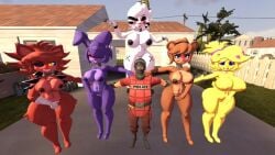 1boy 3d 5girls areolae barefoot big_breasts bonfie breasts chiku chiku_(cryptia) clothed_male_nude_female completely_nude completely_nude_female cryptiacurves delta_ace fazclaire's_nightclub female fexa fredina's_nightclub fredina_(cally3d) full_body male marie_(cally3d) naked naked_female nipples nude nude_female outside pussy smile