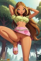 1girls 4kids_entertainment ai_generated anklet arms_up artist_name ass_visible_through_thighs bracelet breasts brown_hair cleft_of_venus crop_top dark-skinned_female dark_skin day earrings feet flora_(winx_club) foot_out_of_frame green_eyes heart hi_res hoop_earrings jewelry leg_up legs lips long_hair looking_at_viewer medium_breasts midriff nature navel nickelodeon no_panties outdoors parted_lips patreon_logo patreon_username pink_skirt pussy rainbow_(animation_studio) rule34lab sandals shirt short_sleeves skirt solo standing standing_on_one_leg tecna toes tree uncensored very_long_hair winx_club